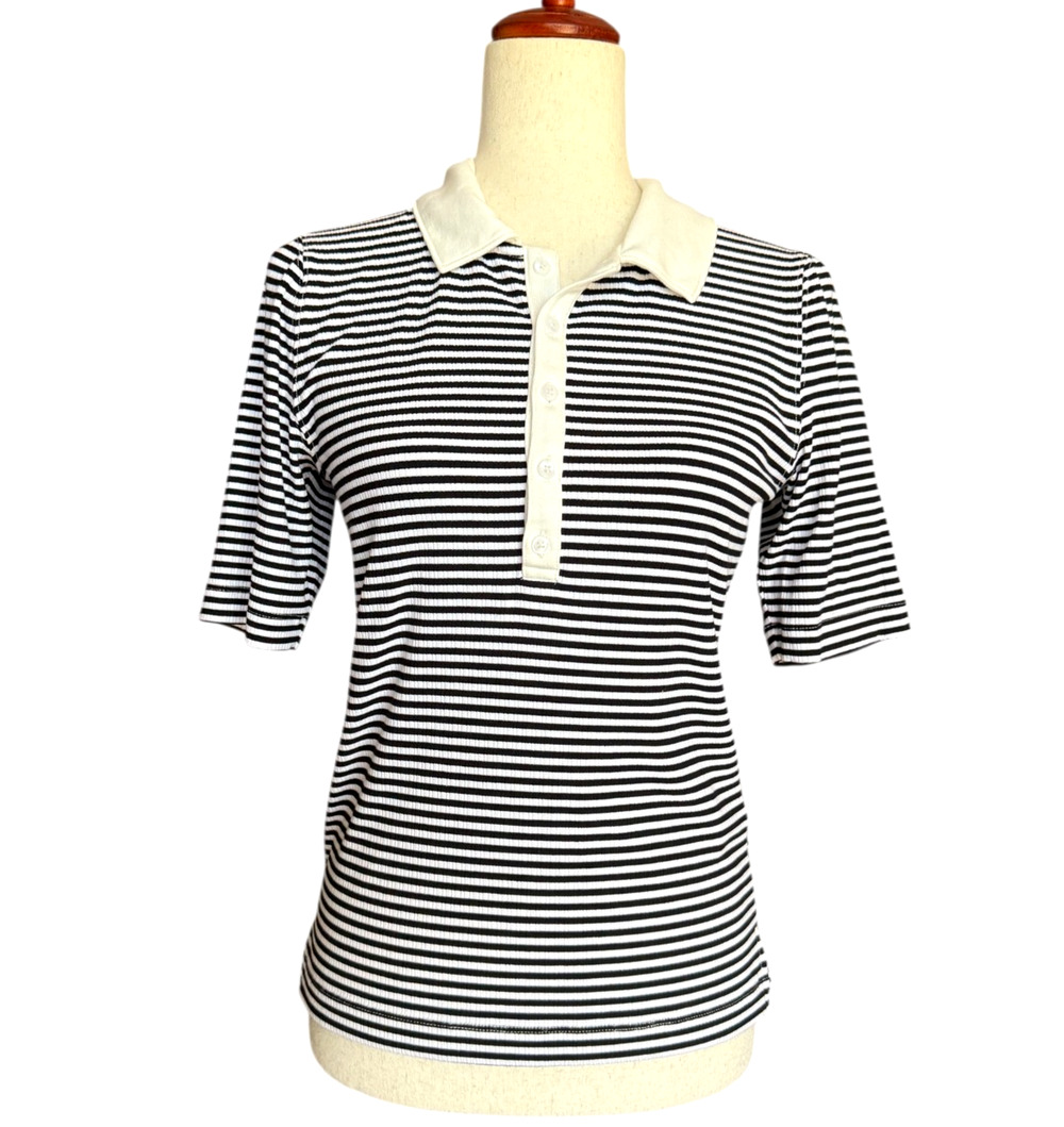 Spanx Striped Polo Top Black White Stretch Stretch Fit Short Sleeve Size M NWT - Picture 1 of 6